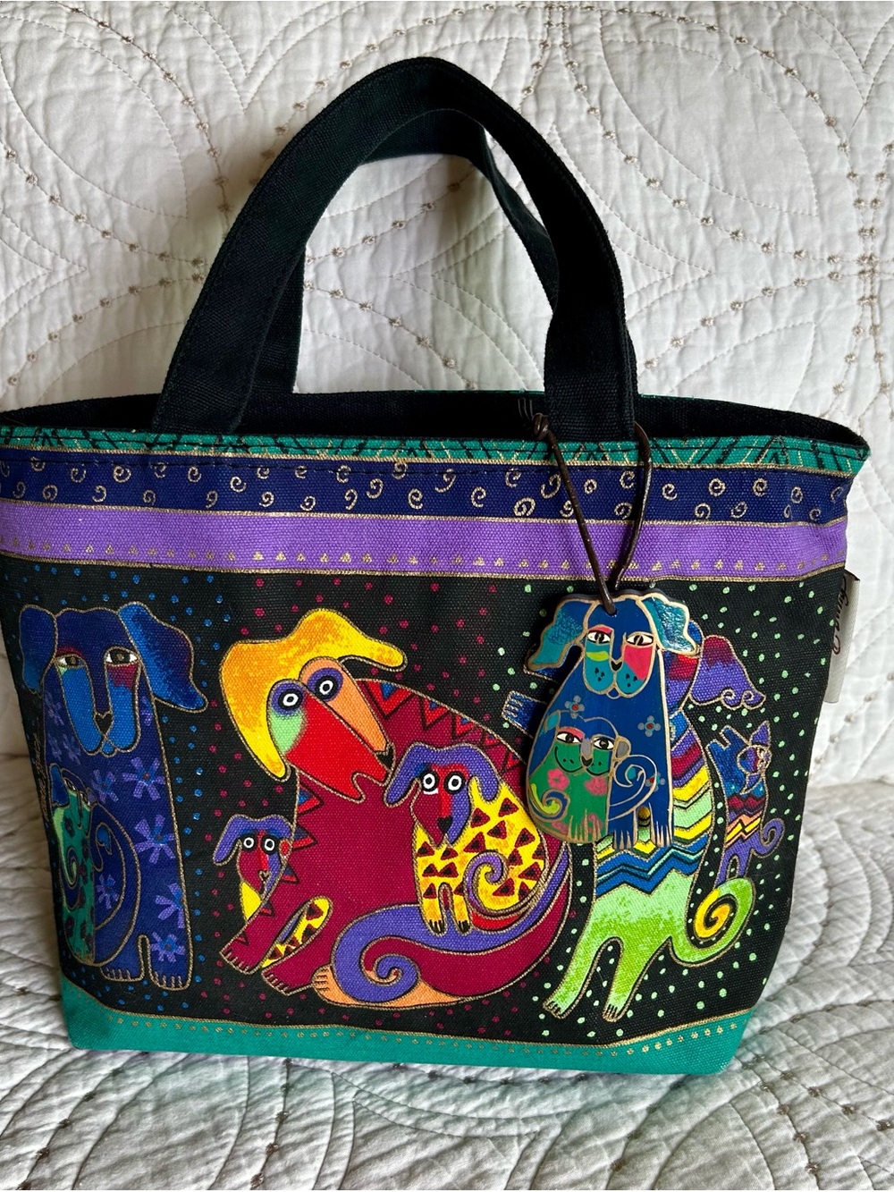 Laurel Burch Dog Artwork Canvas Handbag/Mini-tote
